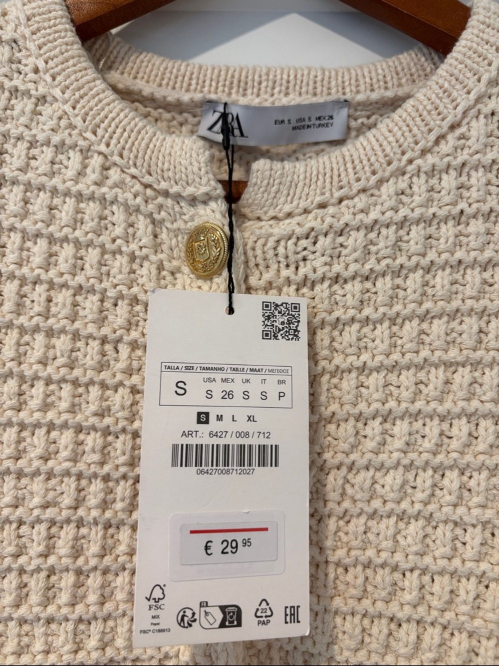 ZARA Cream Waffle-Knit Button Cardigan - Picture 2 of 4